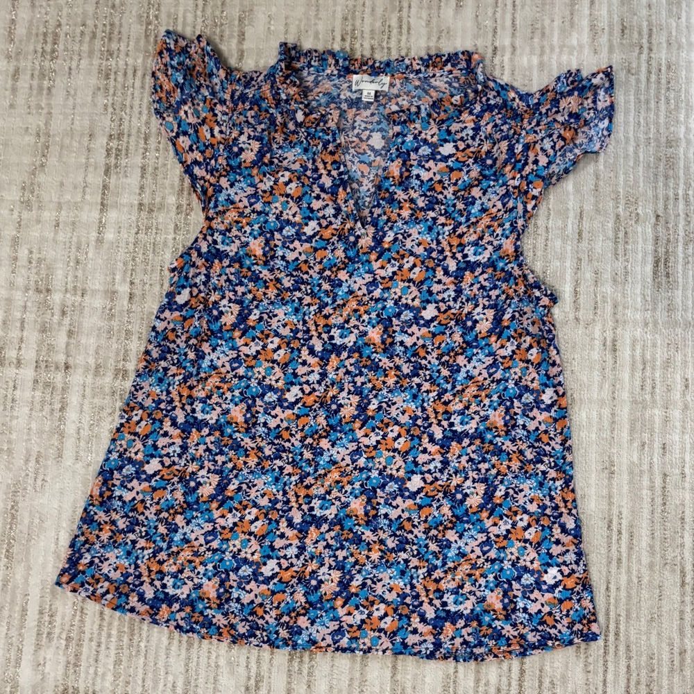 Wonderly Flowy Blue & Peach Floral Ruffle Sleeve Blouse Size Medium Cottagecore
